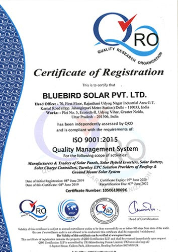ISO 9001:2015 Certificate - Bluebird Solar