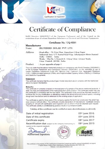 ROHS Certificate - Bluebird Solar