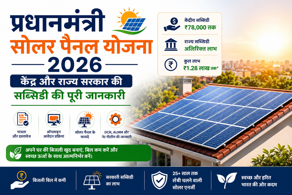 प्रधानमंत्री सोलर पैनल योजना 2026: केंद्र और राज्य सरकार की सब्सिडी की पूरी जानकारी