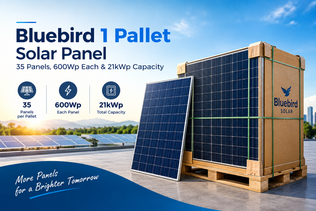 Bluebird 1 Pallet Solar Panel: 35 Panels, 600Wp Each and 21kW Capacity