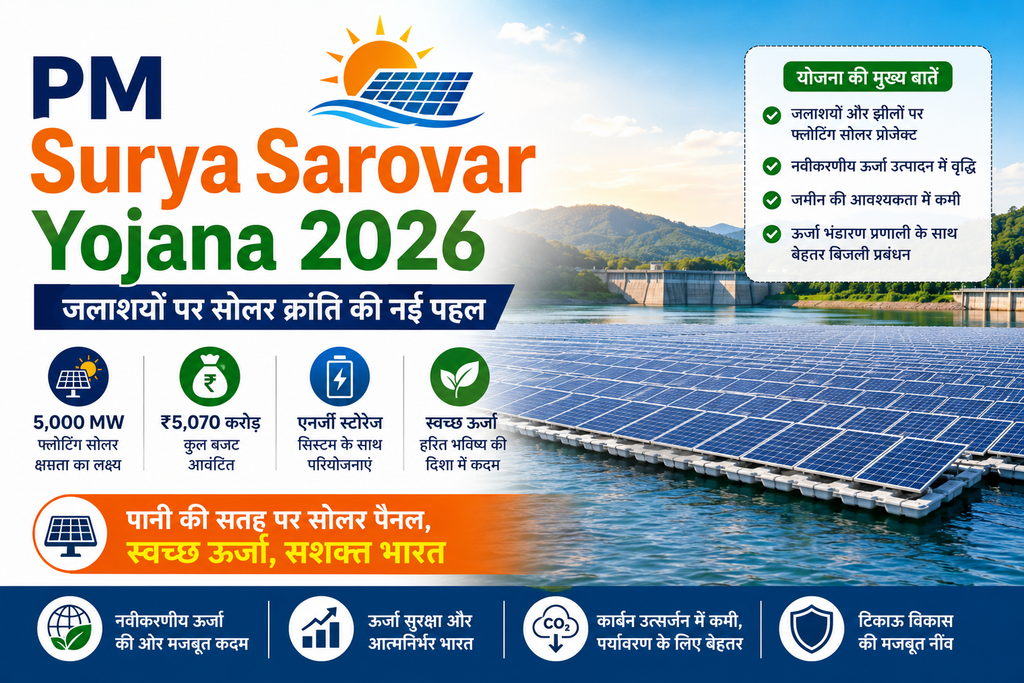 PM Surya Sarovar Yojana 2026: ₹5,070 करोड़ की योजना, 5,000 MW Floating Solar Projects की पूरी जानकारी