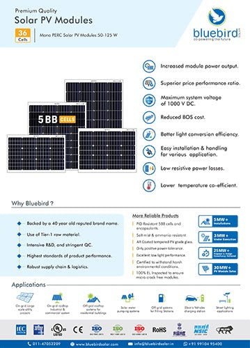 Mono PERC Solar Panel Technical Datasheet 50-125Watt - Bluebird Solar