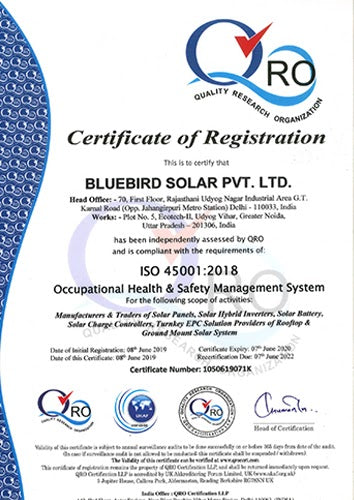 ISO 45001:2018 Certificate - Bluebird Solar