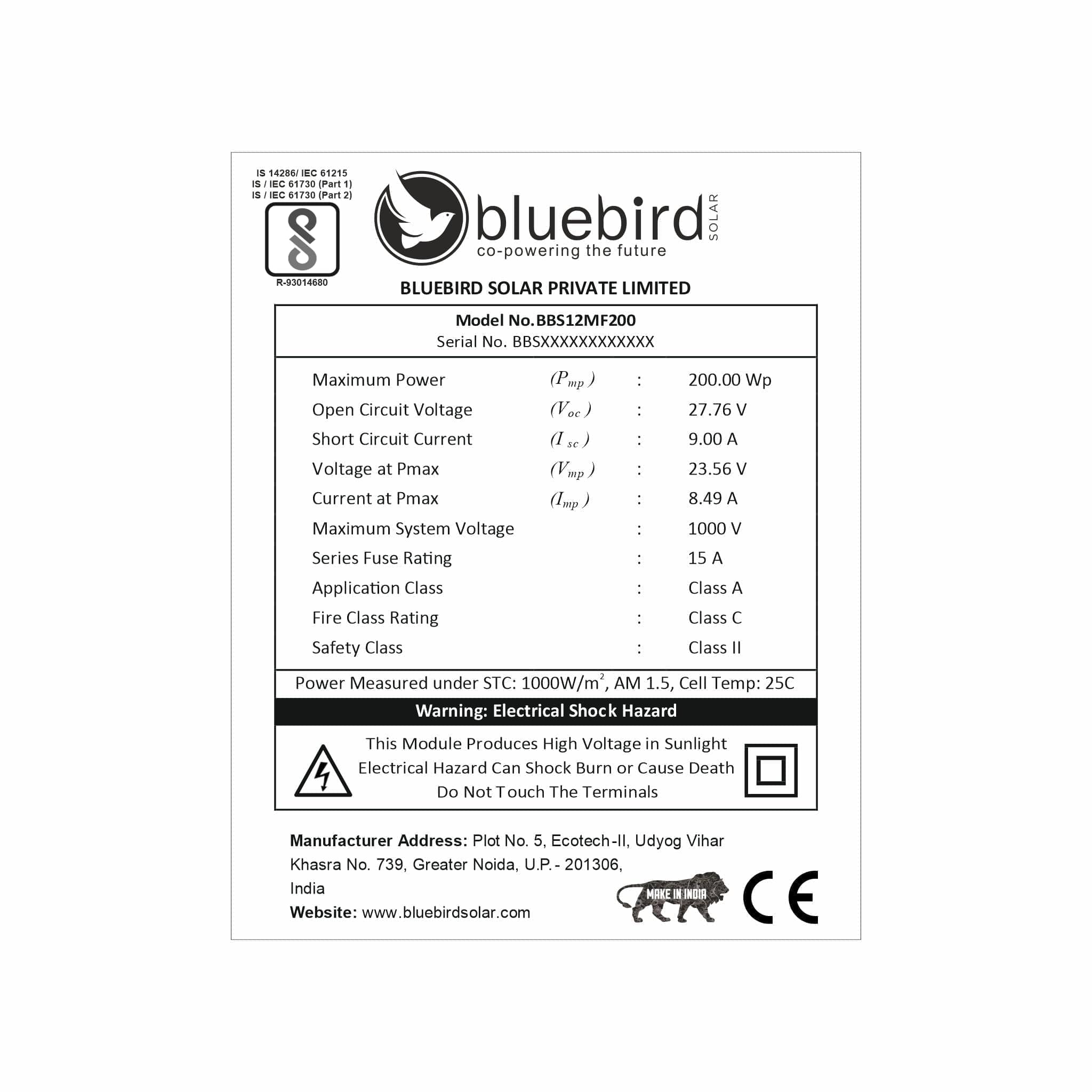 Bluebird 200 Watt 12 Volt Mono PERC Solar Panel