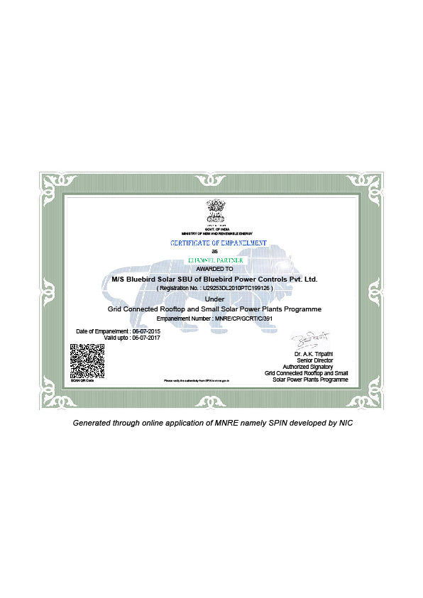 Bluebird Solar MNRE Certificate
