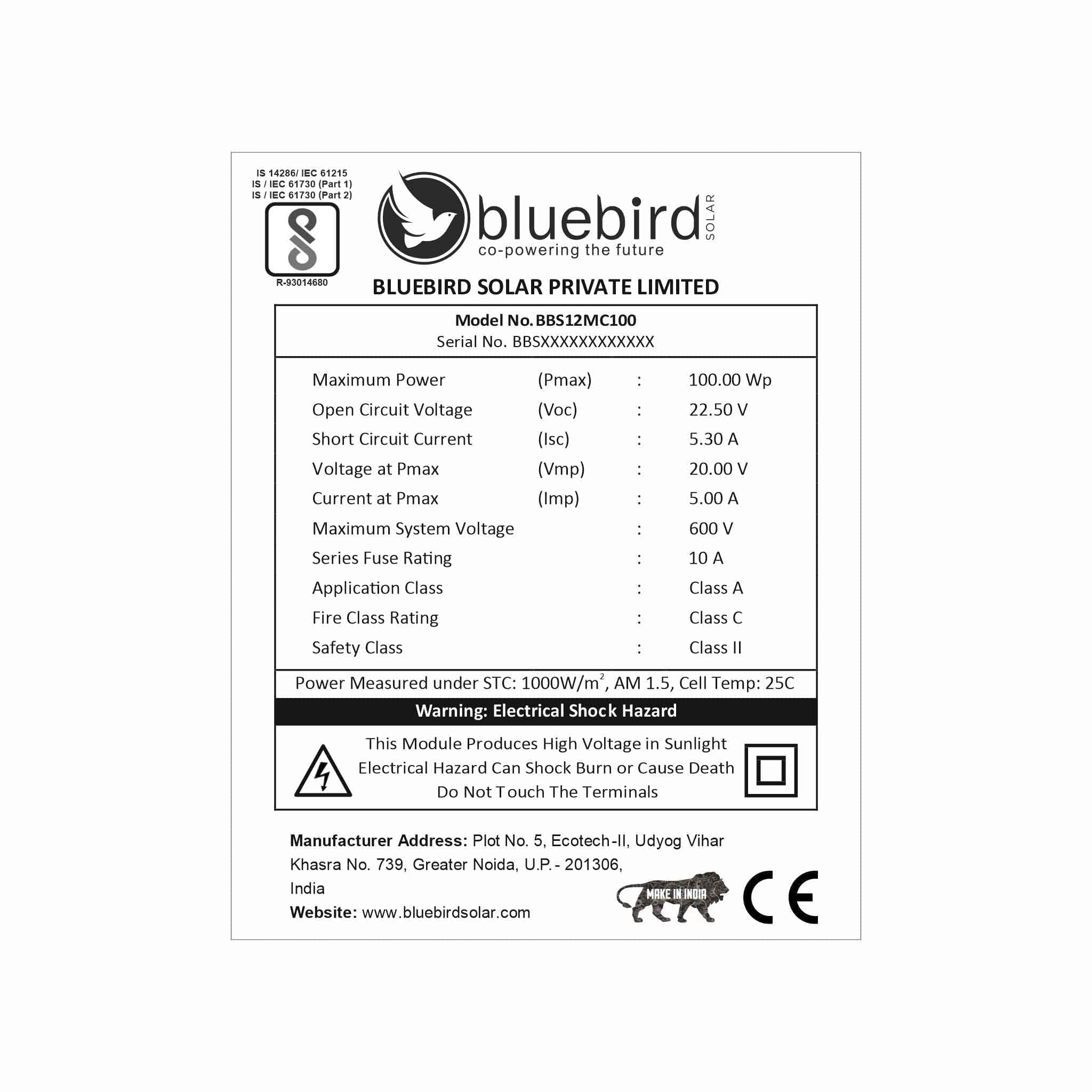 Bluebird 100 Watt 12 Volt Mono PERC Solar Panel